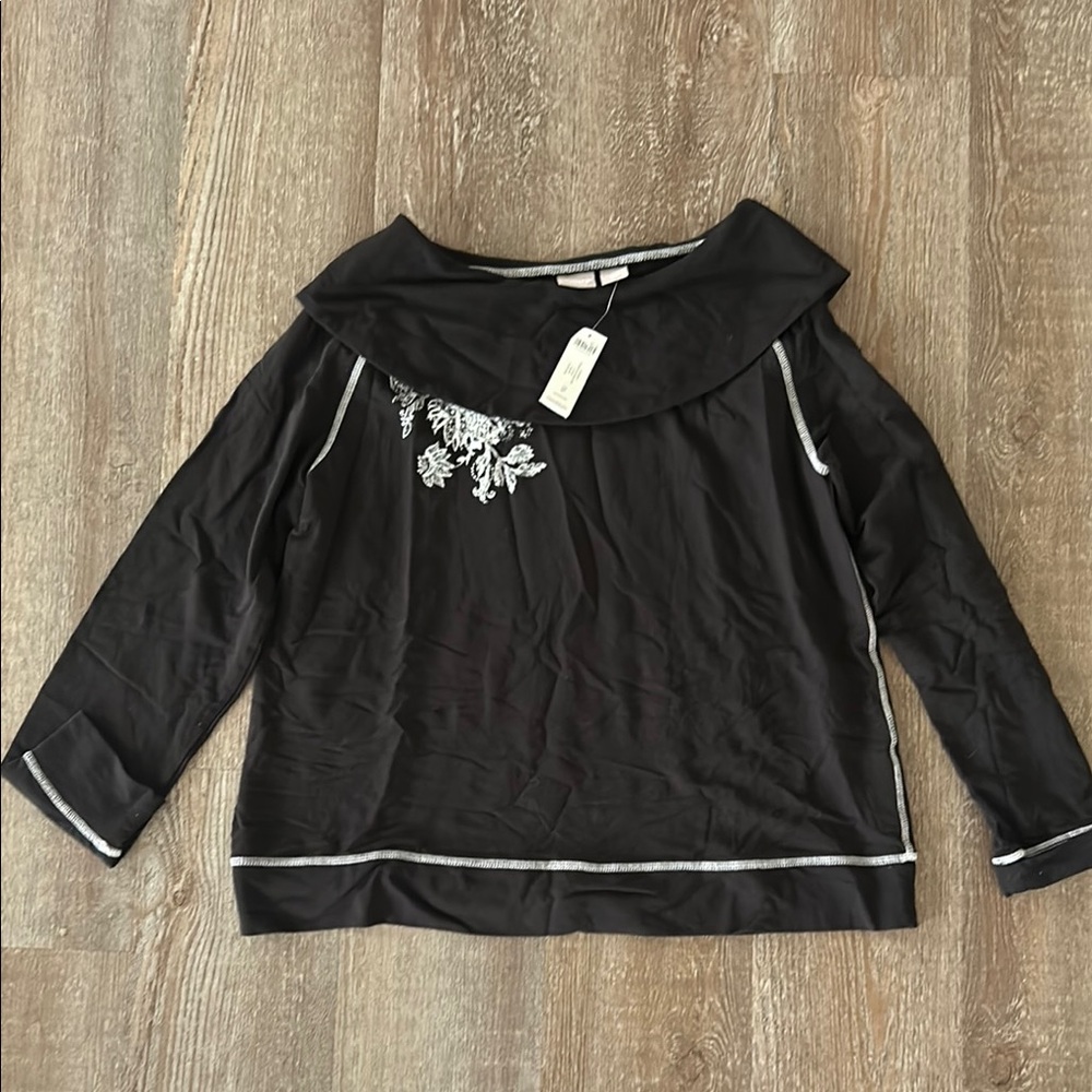 Chicos Black Top with Silver Embroidery